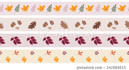 Vector set of seamless autumn leaf borders and acorns. Decorative tape print and text dividers for back to school and seasonal notebook decor. Vector set of seamless autumn leaf borders and acorns. Decorative tape print and text dividers for back to school and seasonal notebook decor. 142869815