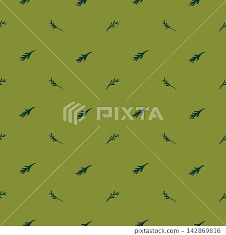 Vector seamless pattern with small green leaf branches on olive background. Minimalist botanical floral print for packaging, paper, and textile. 142869816