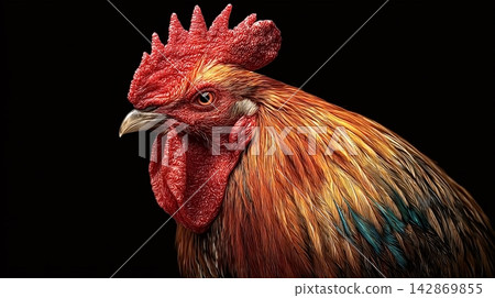 Rooster portrait showing vibrant red comb and wattles Rooster portrait showing vibrant red comb and wattles 142869855