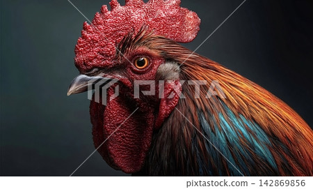 Rooster head with vibrant feathers on dark background Rooster head with vibrant feathers on dark background 142869856
