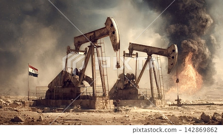 Syrian flag with burning oil pump jacks in desert Syrian flag with burning oil pump jacks in desert 142869862