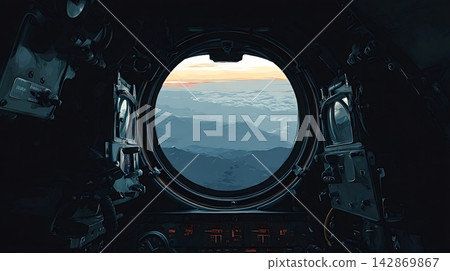 View from aircraft cockpit window during flight at sunset View from aircraft cockpit window during flight at sunset 142869867