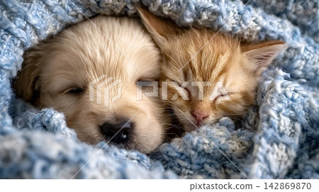 Puppy and kitten sleeping together under blue blanket Puppy and kitten sleeping together under blue blanket 142869870
