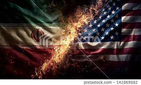 Iran and usa flags burning, symbolizing geopolitical conflict Iran and usa flags burning, symbolizing geopolitical conflict 142869882