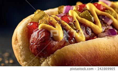 Hot dog bun filled with mustard relish and onions Hot dog bun filled with mustard relish and onions 142869905
