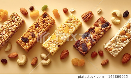 Granola bars, snack bars, and nuts offering healthy nutrition Granola bars, snack bars, and nuts offering healthy nutrition 142869925