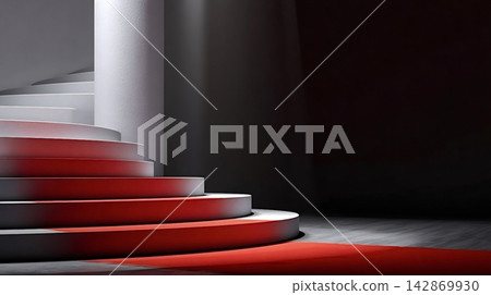 Red carpet leading up white spiral stairs and column 142869930