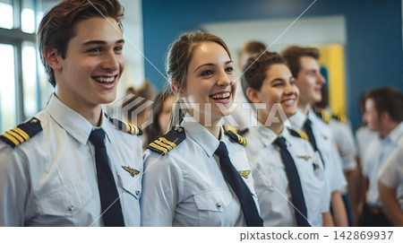 Young pilot students smiling, pursuing aviation career in flight school Young pilot students smiling, pursuing aviation career in flight school 142869937