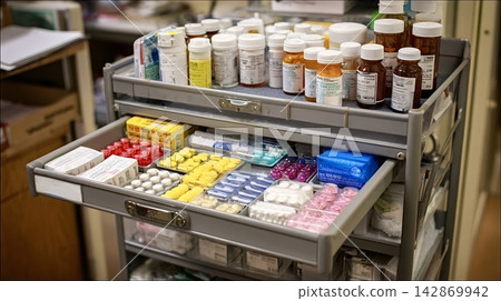 Medical drug cart with bottles and blister packs 142869942