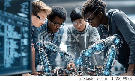 Engineering students developing robotic arms with artificial intelligence 142869958
