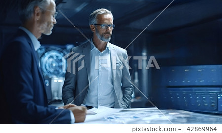 Business executives collaborating on digital strategy in a futuristic control room Business executives collaborating on digital strategy in a futuristic control room 142869964