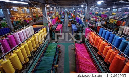 Textile factory producing colorful threads and fabrics on weaving looms Textile factory producing colorful threads and fabrics on weaving looms 142869965