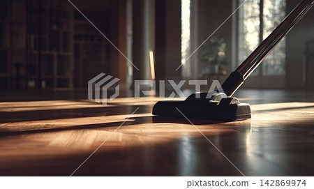 Vacuum cleaner cleaning hardwood floor in sunny interior Vacuum cleaner cleaning hardwood floor in sunny interior 142869974