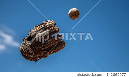 Baseball glove catching a ball against blue sky 142869977