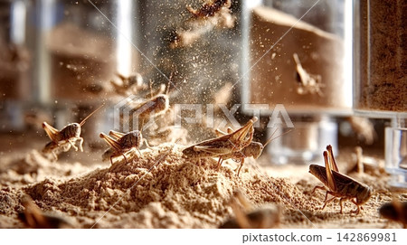 Crickets and grasshoppers on edible insect protein powder Crickets and grasshoppers on edible insect protein powder 142869981