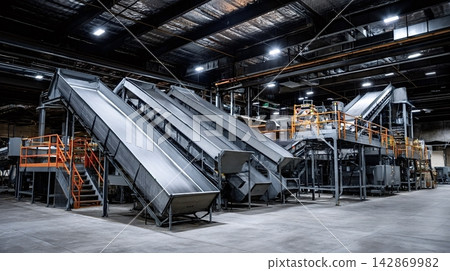 Waste sorting facility conveyor belts processing recycling materials Waste sorting facility conveyor belts processing recycling materials 142869982