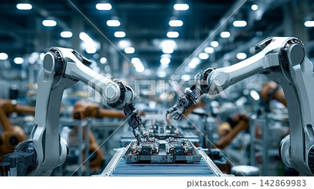Robotic arms assembling circuit boards on modern production line Robotic arms assembling circuit boards on modern production line 142869983