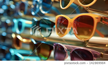 Colorful sunglasses frames displaying fashion and retail variety Colorful sunglasses frames displaying fashion and retail variety 142869984