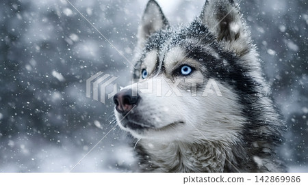 Siberian husky dog with striking blue eyes in winter snow Siberian husky dog with striking blue eyes in winter snow 142869986