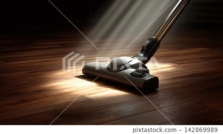 Vacuum cleaner cleaning hardwood floor in sunlight Vacuum cleaner cleaning hardwood floor in sunlight 142869989