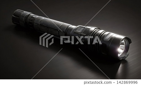 Black tactical flashlight illuminating a dark metallic surface 142869996