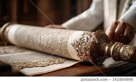 Rabbi's hands reading sacred torah scroll during religious ceremony Rabbi's hands reading sacred torah scroll during religious ceremony 142869999