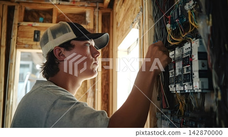 Young electrician installing electrical panel at construction site Young electrician installing electrical panel at construction site 142870000