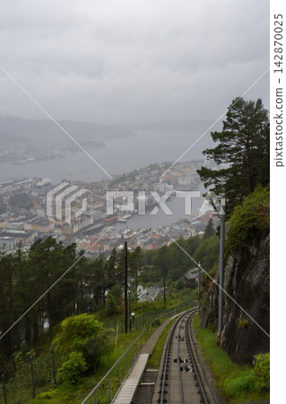 View of Bergen from the cable car on Mount Fløyen, Bergen, Norway. View of Bergen from the cable car on Mount Fløyen, Bergen, Norway. 142870025