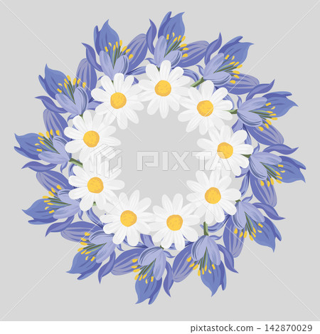 Spring Floral Wreath with Daisy and Blue Flowers Vector Spring Floral Wreath with Daisy and Blue Flowers Vector 142870029