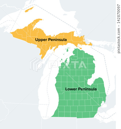 Upper and Lower Peninsula of Michigan, political map. The two major peninsulas of the U.S. state Michigan, also known as Upper and Lower Michigan, highlighted in orange and green. Isolated. Vector Upper and Lower Peninsula of Michigan, political map. The two major peninsulas of the U.S. state Michigan, also known as Upper and Lower Michigan, highlighted in orange and green. Isolated. Vector 142870097