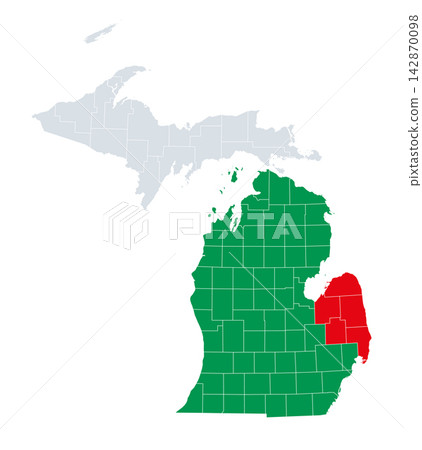 The Mitten and the Thumb of the U.S. state of Michigan, political map. Nicknames of the Lower Peninsula of Michigan for its shape similar to a mitten with a thumb, highlighted in green and red. Vector The Mitten and the Thumb of the U.S. state of Michigan, political map. Nicknames of the Lower Peninsula of Michigan for its shape similar to a mitten with a thumb, highlighted in green and red. Vector 142870098