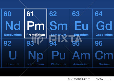 Promethium on periodic table of the elements. Rare earth metal and lanthanide with atomic number 61 and element symbol Pm, named after Prometheus. Used in luminous paint and atomic batteries. Vector Promethium on periodic table of the elements. Rare earth metal and lanthanide with atomic number 61 and element symbol Pm, named after Prometheus. Used in luminous paint and atomic batteries. Vector 142870099