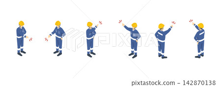 Isometric illustration: A worker (blue) wearing a helmet and pointing in various directions. Isometric illustration: A worker (blue) wearing a helmet and pointing in various directions. 142870138