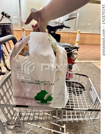 典型的日本場景:人們把購物袋放在自行車的前籃裡。 典型的日本場景:人們把購物袋放在自行車的前籃裡。 142870145