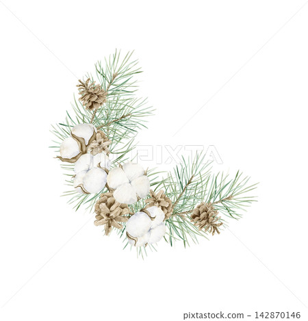 Winter composition with cotton bolls, pine branches and pinecones watercolor isolated illustration. Hand drawn semi circle festive garland for Christmas holidays, New Year greeting cards and decor. Winter composition with cotton bolls, pine branches and pinecones watercolor isolated illustration. Hand drawn semi circle festive garland for Christmas holidays, New Year greeting cards and decor. 142870146