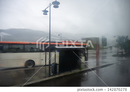 Bus terminal in front of Voss train station, Voss, Norway Bus terminal in front of Voss train station, Voss, Norway 142870278