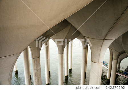 Curved concrete arches and tall columns rise above the calm waterfront creating a striking modern design. The underside perspective highlights the geometry and scale of the structure. Curved concrete arches and tall columns rise above the calm waterfront creating a striking modern design. The underside perspective highlights the geometry and scale of the structure. 142870292