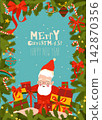 Santa Claus holding Gifts in Frame with Christmas Tree 142870356
