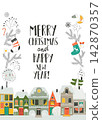 Cartoon Frame with Cute Christmas Houses and Elements 142870357