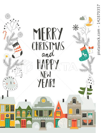 Cartoon Frame with Cute Christmas Houses and Elements 142870357