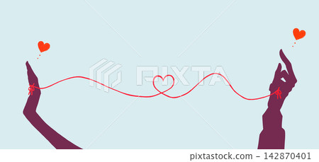 一男一女的雙手輪廓，被命運的紅線緊緊相連。 142870401