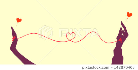 一男一女的雙手輪廓，被命運的紅線緊緊相連。 142870403