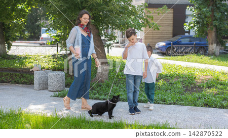 A woman and her two sons are walking a cat. A woman and her two sons are walking a cat. 142870522