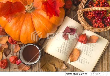 Autumn still life; open book, mug of tea; orange squash; basket with red berries and dry leaves on a wooden background top view Autumn still life; open book, mug of tea; orange squash; basket with red berries and dry leaves on a wooden background top view 142871102