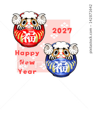 New Year's card featuring a red and blue sheep Daruma doll New Year's card featuring a red and blue sheep Daruma doll 142871642