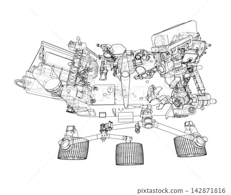 detailed wireframe of mechanical engine. Vector detailed wireframe of mechanical engine. Vector 142871816