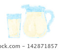 Hand-drawn watercolor milk pitcher and cup illustration set, stylized, with transparent white background. 142871857