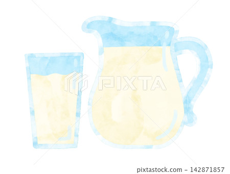 Hand-drawn watercolor milk pitcher and cup illustration set, stylized, with transparent white background. Hand-drawn watercolor milk pitcher and cup illustration set, stylized, with transparent white background. 142871857