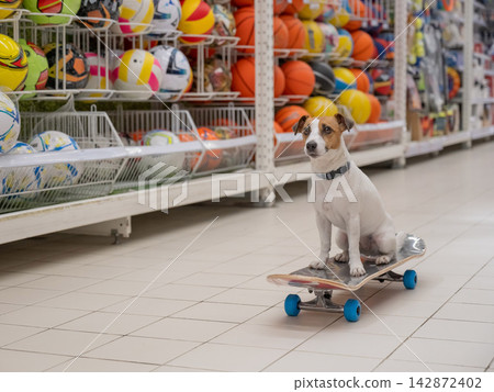 A Jack Russell Terrier rides a longboard at a shopping mall. A Jack Russell Terrier rides a longboard at a shopping mall. 142872402