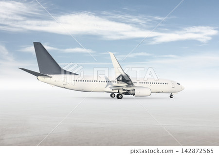 Passenger airplane isolated on bright background with sky Passenger airplane isolated on bright background with sky 142872565